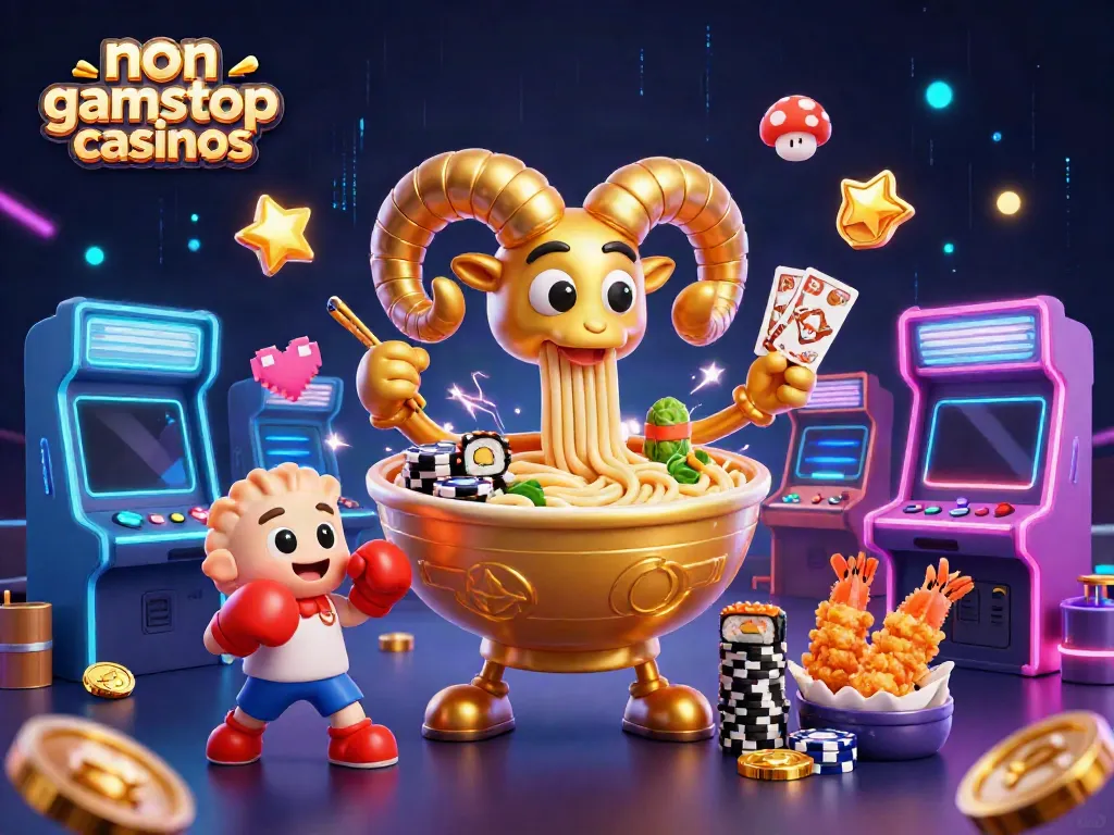 Experience thrilling non gamstop casinos with a giant ramen bowl dealer and vibrant casino atmosphere.