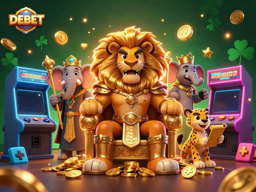 Engage with DEBET's thrilling gaming experience as the majestic lion king reigns over a treasure-filled realm.