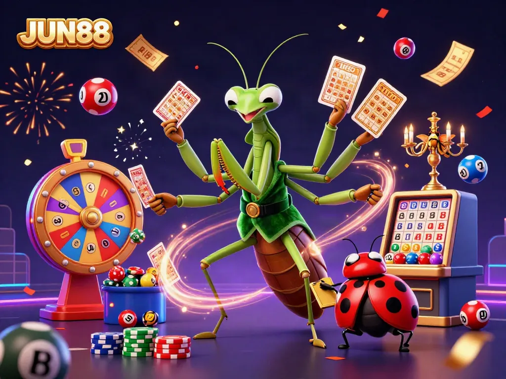 Experience the excitement of JUN88 with a vibrant casino scene featuring a cartoon praying mantis dealer, ladybug pit boss, and dynamic gaming elements.