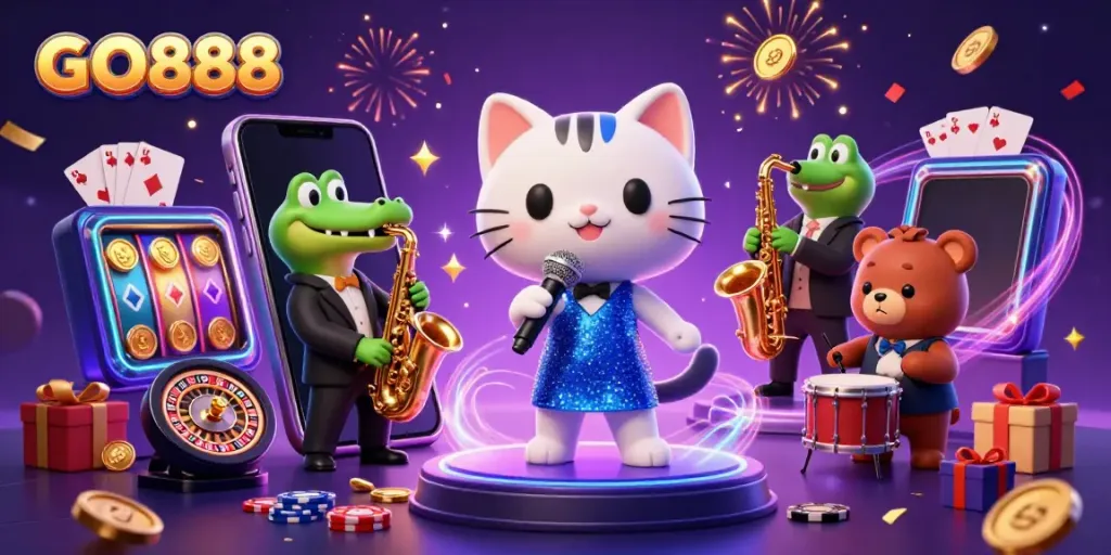 GO888 illuminates a vibrant casino scene with animated characters and thrilling gaming elements.
