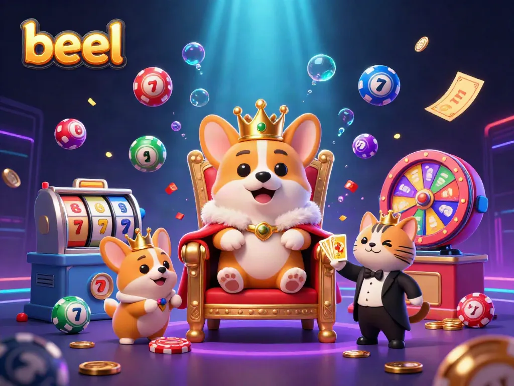 Experience beel with a vibrant 3D illustration featuring a royal corgi on a poker chip throne amidst a dynamic casino scene.