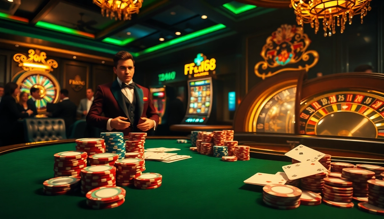 Experience the excitement of F168 đăng nhập at a luxurious casino with vibrant poker games.