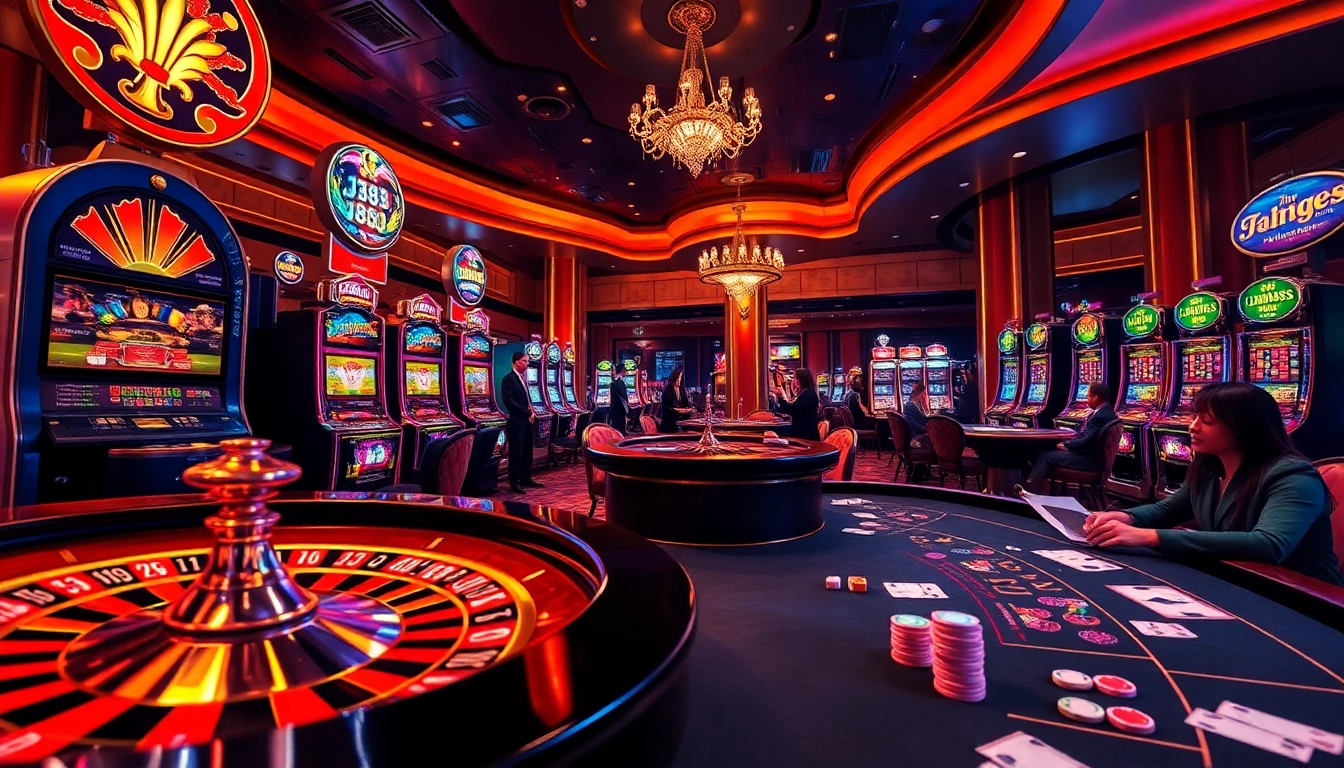 Experience the thrill of gambling at a luxurious casino featuring j88-themed games and vibrant ambiance.