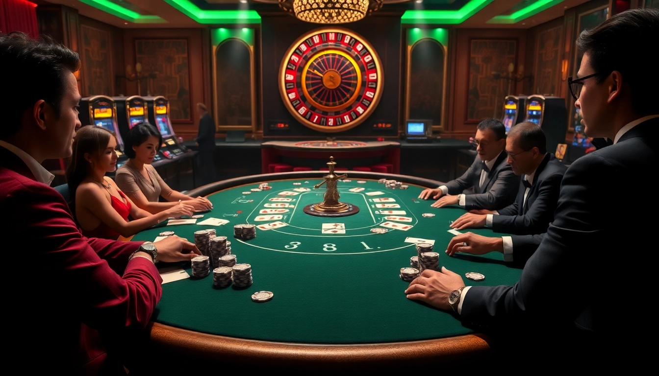 Engaged players at a luxurious poker table showcasing high-stakes action in the 88i casino scene.