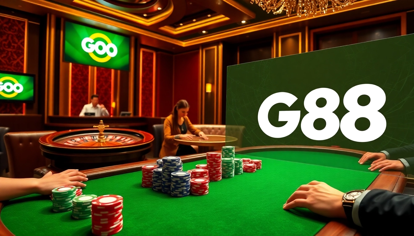 Players engage in a thrilling poker game at a luxurious casino featuring GO 88 branding.
