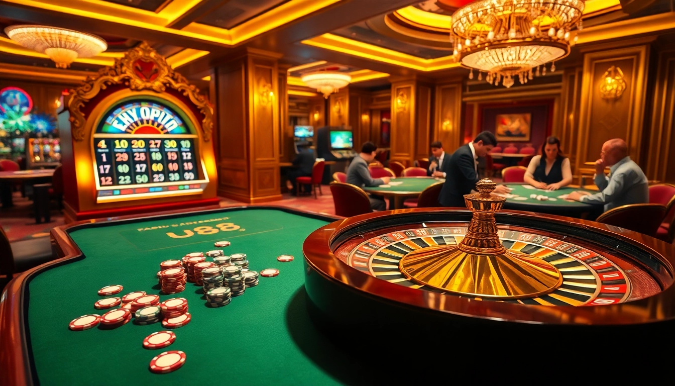 Experience the thrill of uu88 at a luxury casino featuring roulette and poker tables.
