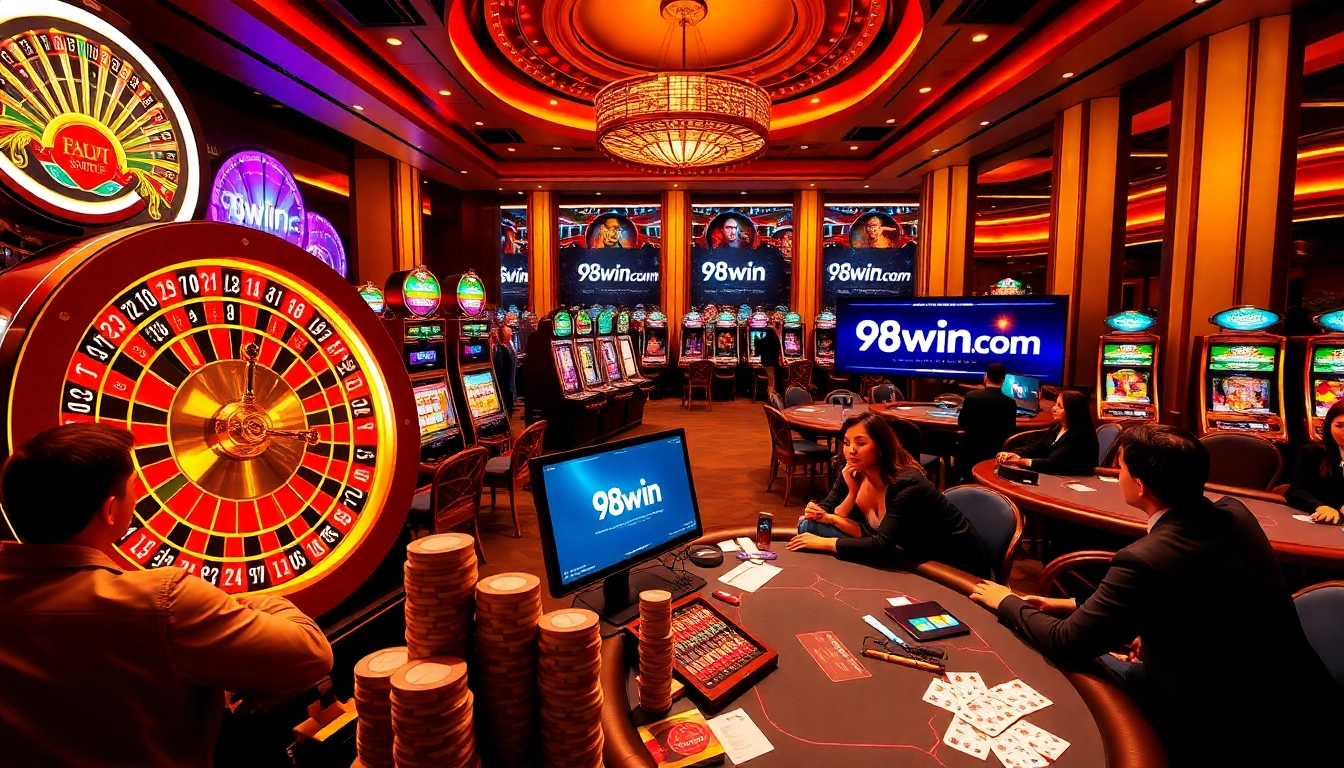 Gambling excitement at 98win com with players engaging at a roulette table and poker game.