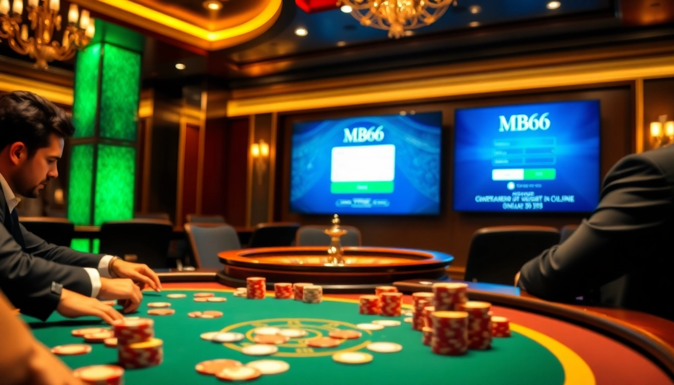 Experience the thrill of MB66 đăng nhập at a luxurious casino with poker players and roulette.