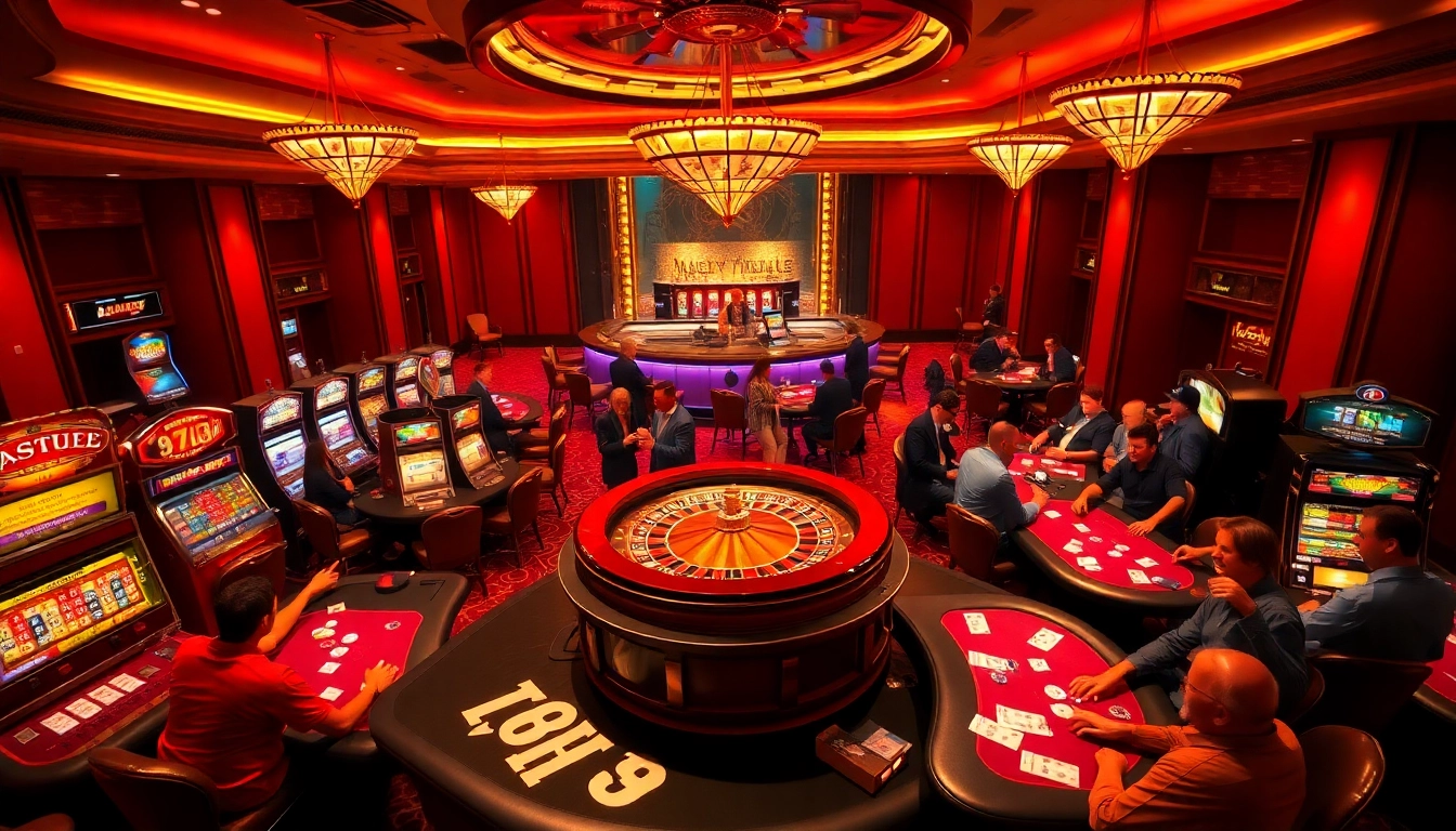 Players enjoying high-stakes action at the MB66 casino, featuring poker tables and a roulette wheel.
