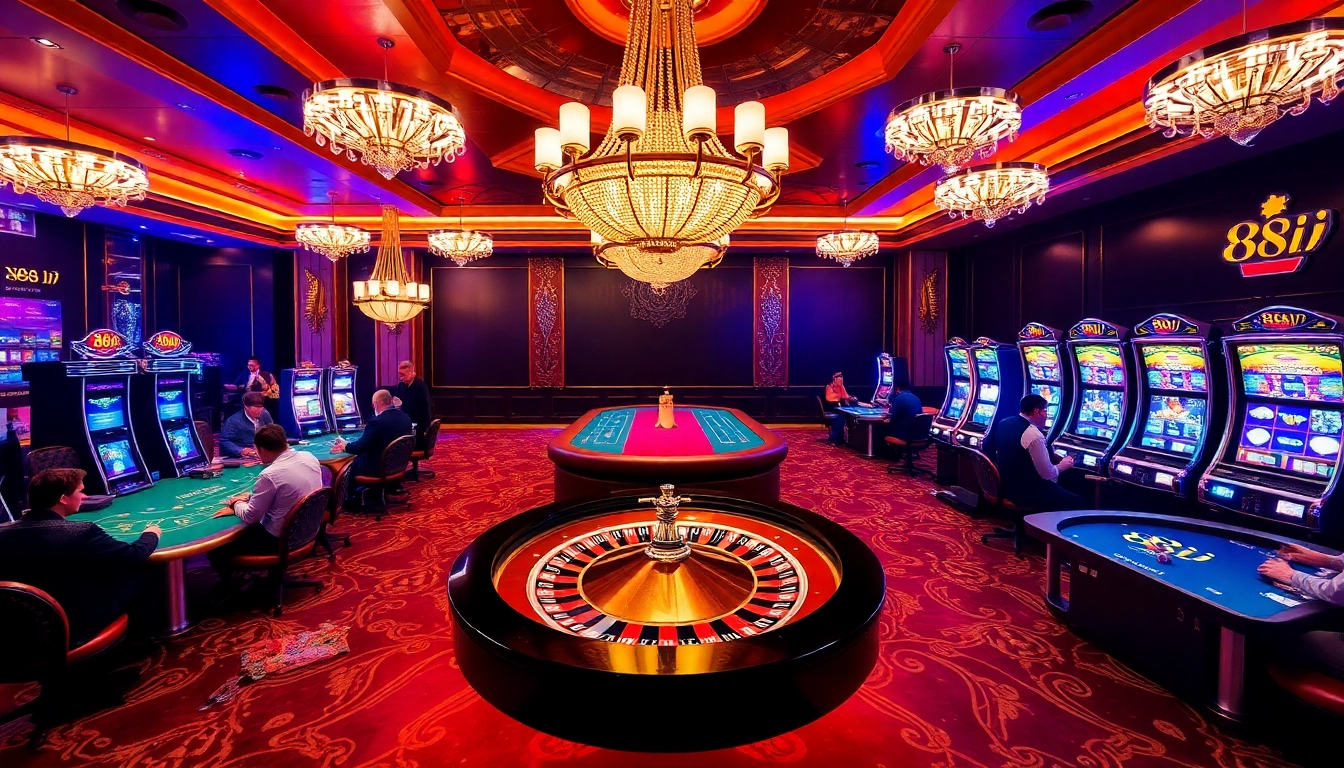 Engaging gamblers at a luxurious casino displaying 88i-themed poker tables and roulette wheels.