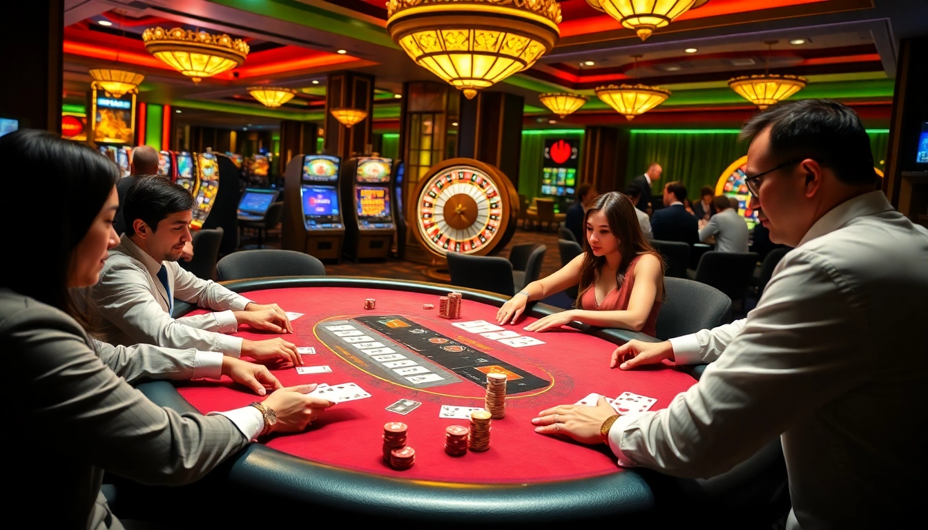 Engaging poker game scene at Fb88 casino with players, dealer, and vibrant atmosphere.