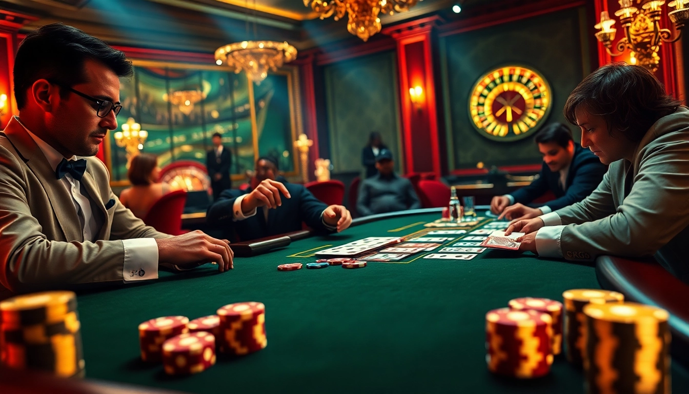 Intensely focused players at a luxurious poker table, representing https://8xbetsports.com thrilling gambling experience.