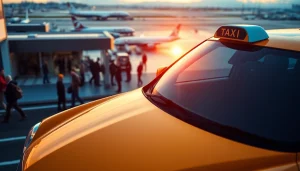 Taxi ready for passengers at London City airport with planes in the background.