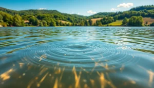Sheerwater swimming gracefully across a tranquil lake, surrounded by lush greenery.