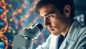 Researcher examining NAD+ molecules in a professional lab setting with vibrant DNA strands.