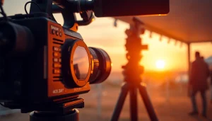 Vediography equipment set up capturing a stunning sunset at an event.