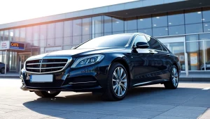 Arriving at Luton airport in a stylish black sedan, showcasing efficient transport services.