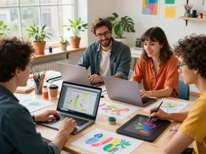 Artists collaborating with Nano Banana 2 in a vibrant studio, showcasing creative digital art processes.