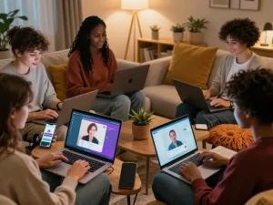 Engaging sexchat scene with diverse individuals connecting online in cozy home settings.