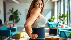 Model demonstrating proper posture while wearing a posture garment for ergonomic support.