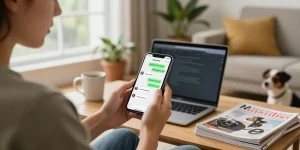 Young person using smartphone for gb whatsapp download in cozy living room with vibrant chat bubbles.
