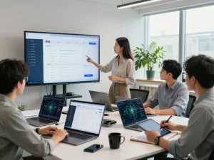 Team of IT professionals collaborating on 快连 network optimization in a modern office environment.