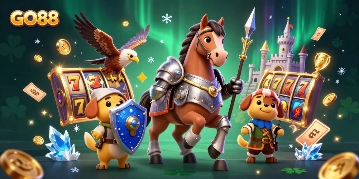 Experience excitement with GO88's dynamic casino illustration showcasing slot reels amidst knights and vibrant elements.