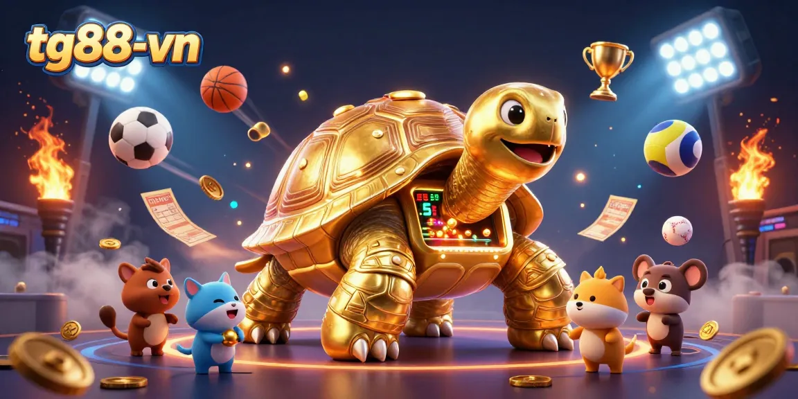 Experience thrilling gaming at tg88-vn with dynamic action featuring a golden tortoise pinball machine and sports betting elements.