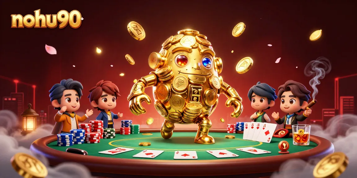 Spin the reels of nohu90's vibrant casino games with this ultra-detailed 3D illustration of a golden golem.
