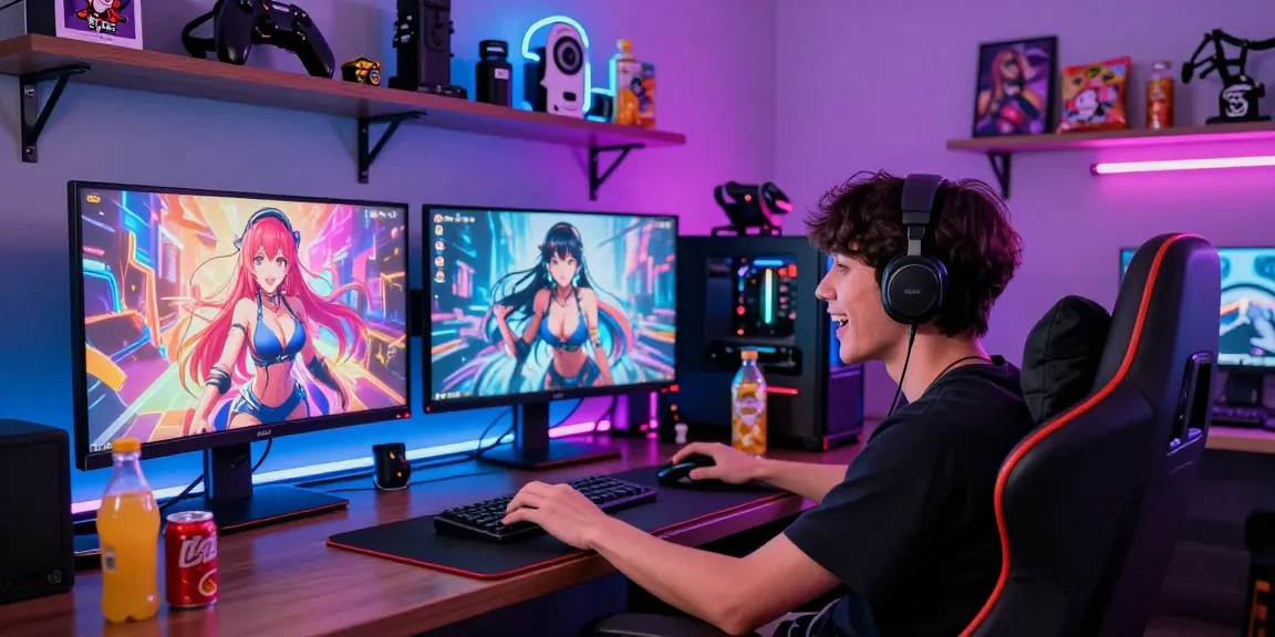Player immersed in playing ecchi games with vibrant character displays and modern gaming setup.
