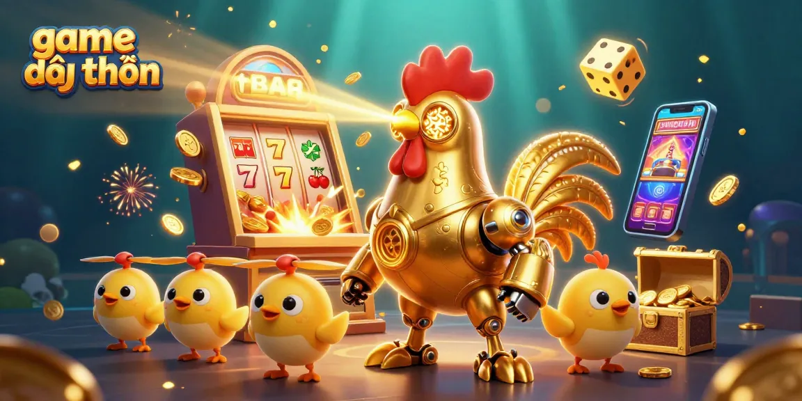 Experience thrilling game đổi thưởng with a golden rooster robot and jackpot slots bursting with prizes.