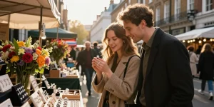 Couple exploring bespoke diamond ring options at a London market, romantic ambiance.