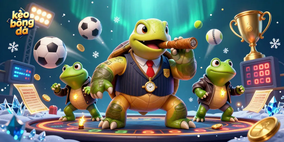 Betting on kèo bóng đá, featuring a whimsical snapping turtle and bullfrog enforcers amidst sports motifs.