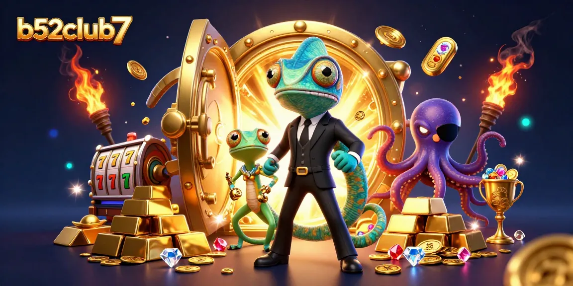 Engage with thrilling gameplay at b52club7 featuring characters and golden treasures in a vibrant casino scene.