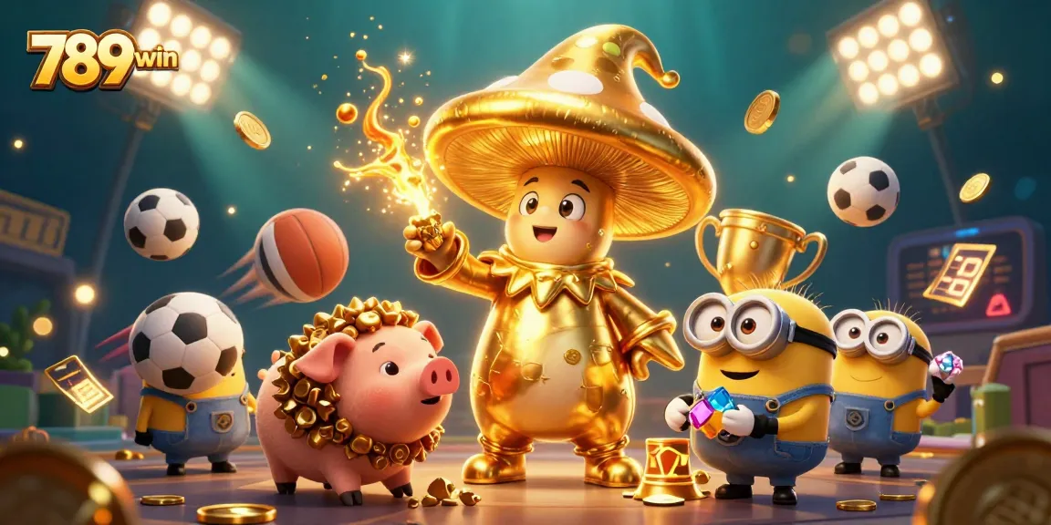 Experience the magical casino ambiance with 789win's golden wizard, treasure hunting pig, and vibrant sports elements.