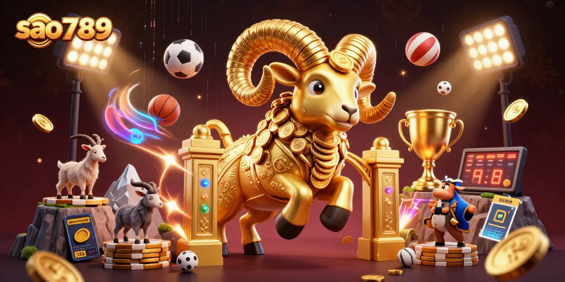 Experience the thrilling action at sao789 with a glorious golden ram bursting through a golden gate amidst dynamic sports elements.