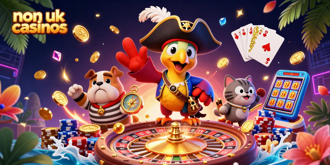 Engage with non UK casinos' vibrant excitement through a rich 3D digital illustration of gambling fun.