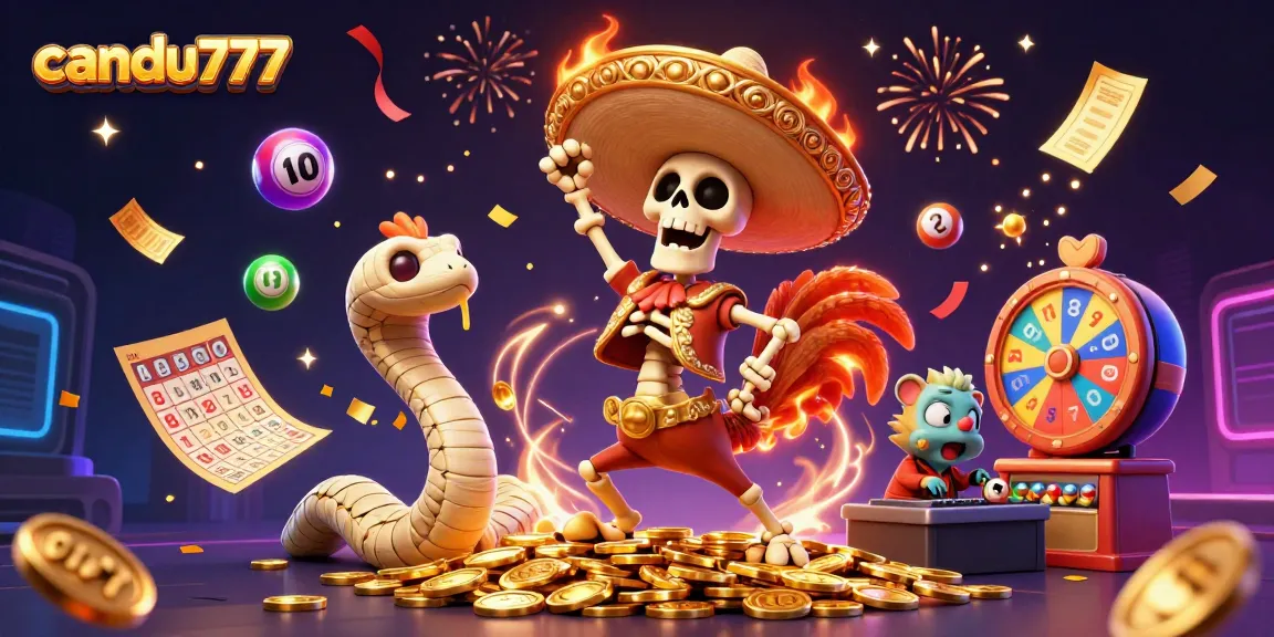 Candu777 slot games featuring a dynamic victory dance with colorful game elements enhancing the excitement of the players.