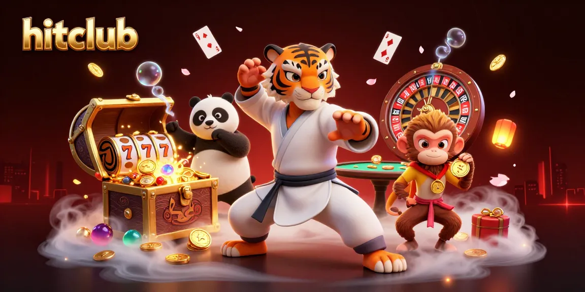 Hitclub features a vibrant scene with a kung fu tiger master and a panda disciple in a casino-themed adventure.