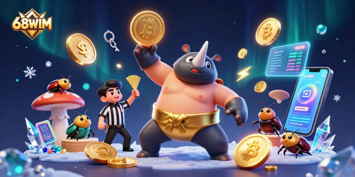 Engage in thrilling gameplay at 68WIM, where a rhinoceros beetle champion stomps coins amidst vibrant digital elements.