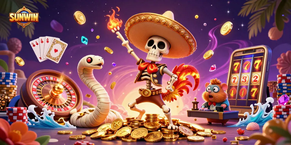 SUNWIN brings excitement to gaming with a vibrant casino illustration featuring dynamic characters and sparkling elements.
