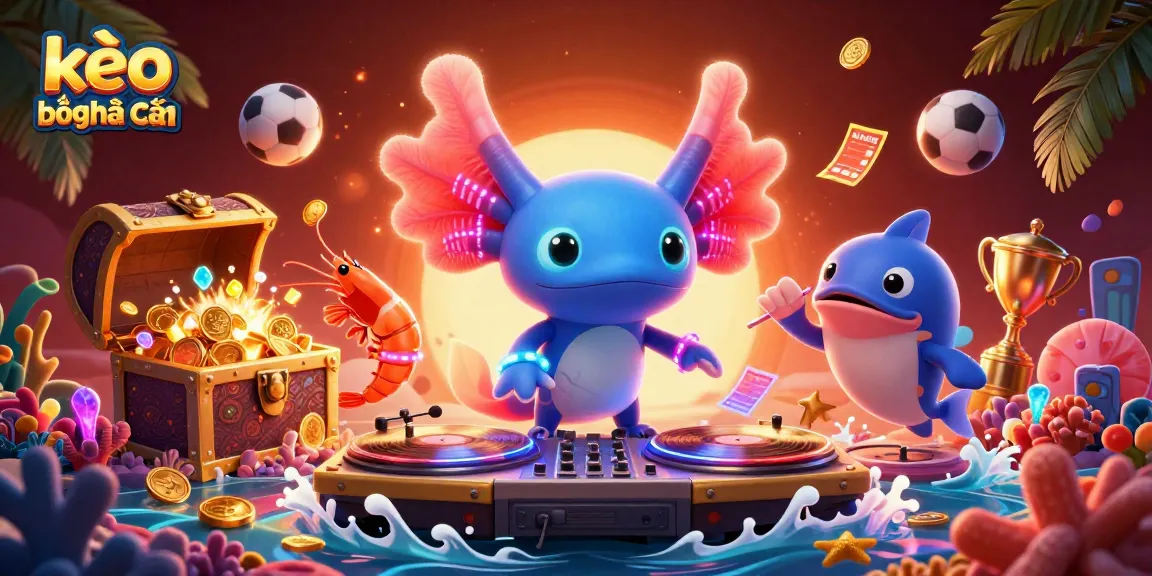 Engage with kèo bóng đá nhà cái through an energetic 3D illustration featuring dynamic characters and sports betting elements.