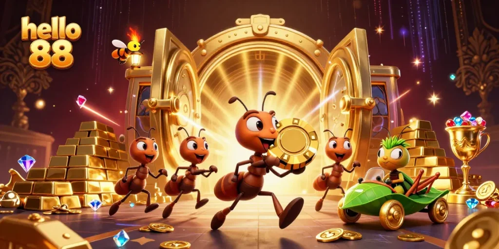 Experience thrilling gameplay at hello 88 with energetic ants heisting a giant poker chip and treasures.