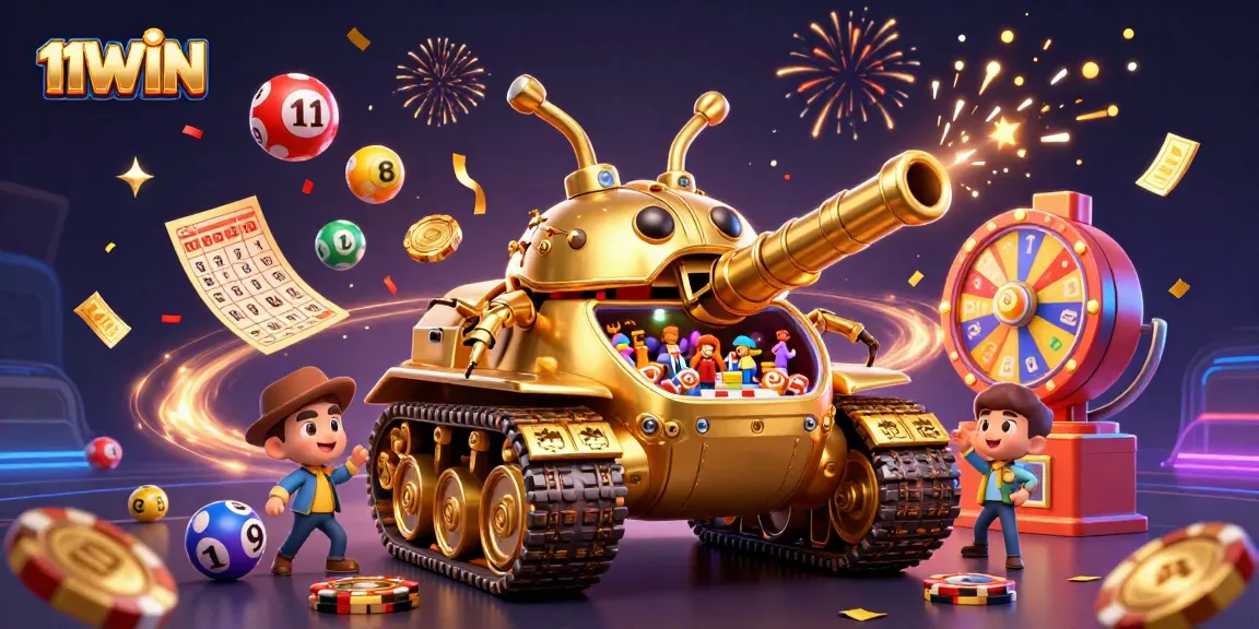 Engage with 11WIN in this vibrant 3D scene featuring a golden beetle tank casino bursting with dazzling games.