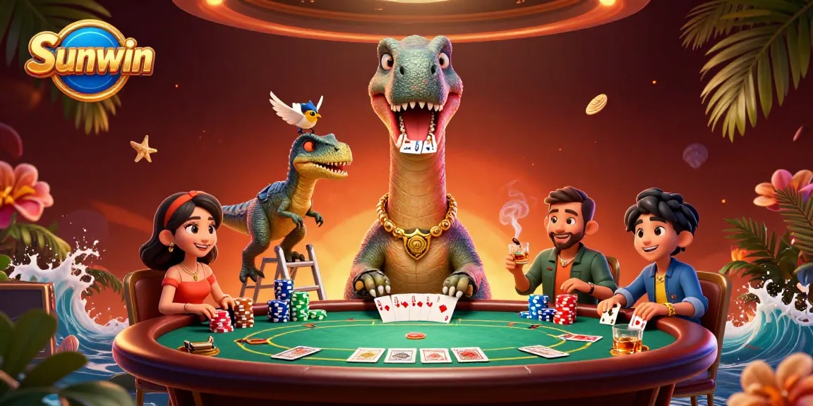 Engage in thrilling online gaming with Sunwin's vibrant 3D casino scene featuring a brontosaurus and raptor.
