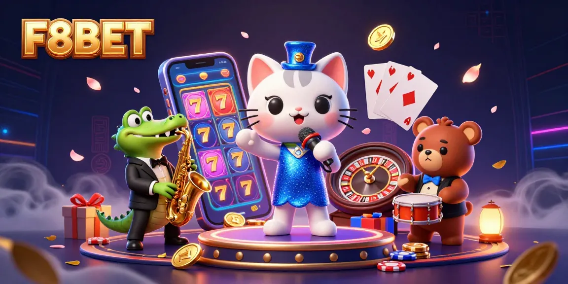 F8BET features a jazz-singer cat, a crocodile, and a bear in a vibrant casino scene with slot games and dynamic elements.