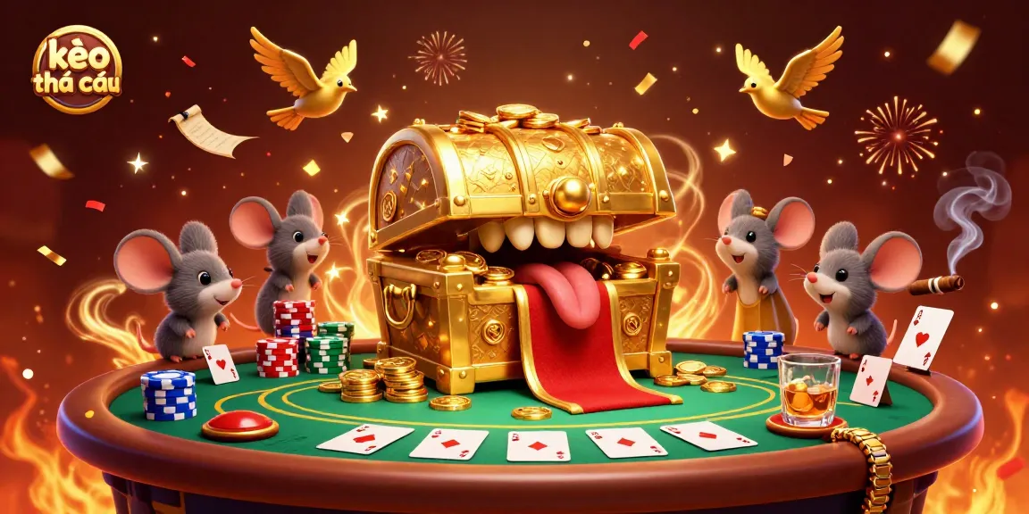 Engage with kèo nhà cái illustration featuring adventurous mice and a golden treasure chest amid casino elements.