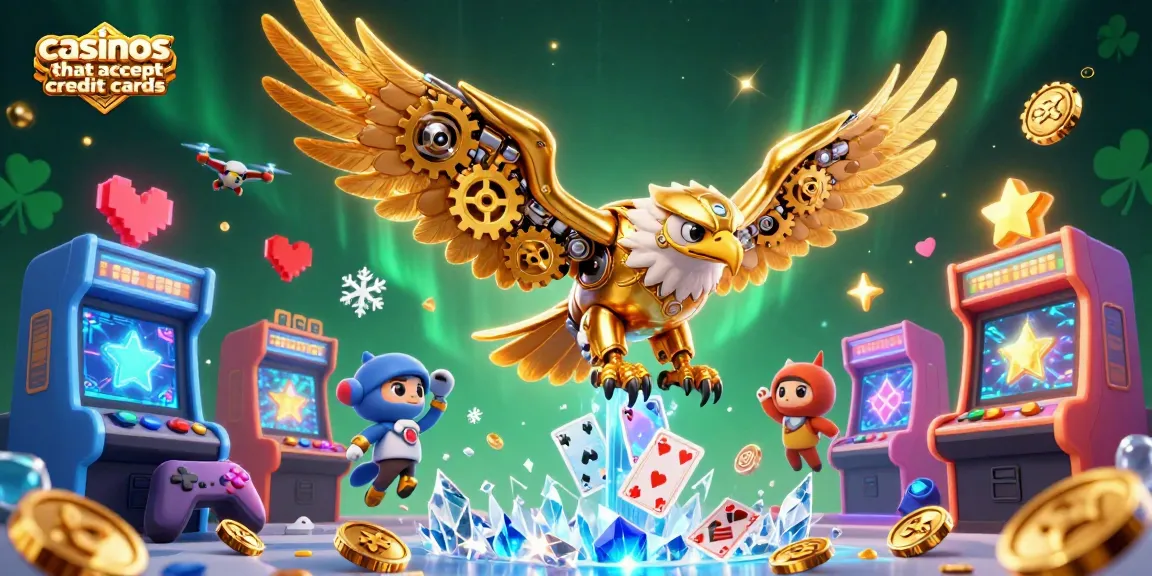 Experience exciting gameplay at casinos that accept credit cards with a dynamic 3D illustration featuring a golden eagle and arcade games