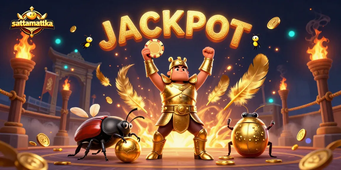 Experience the excitement of sattamattka with a victorious hercules beetle in a golden armor, celebrating amidst fireflies and gaming elements.