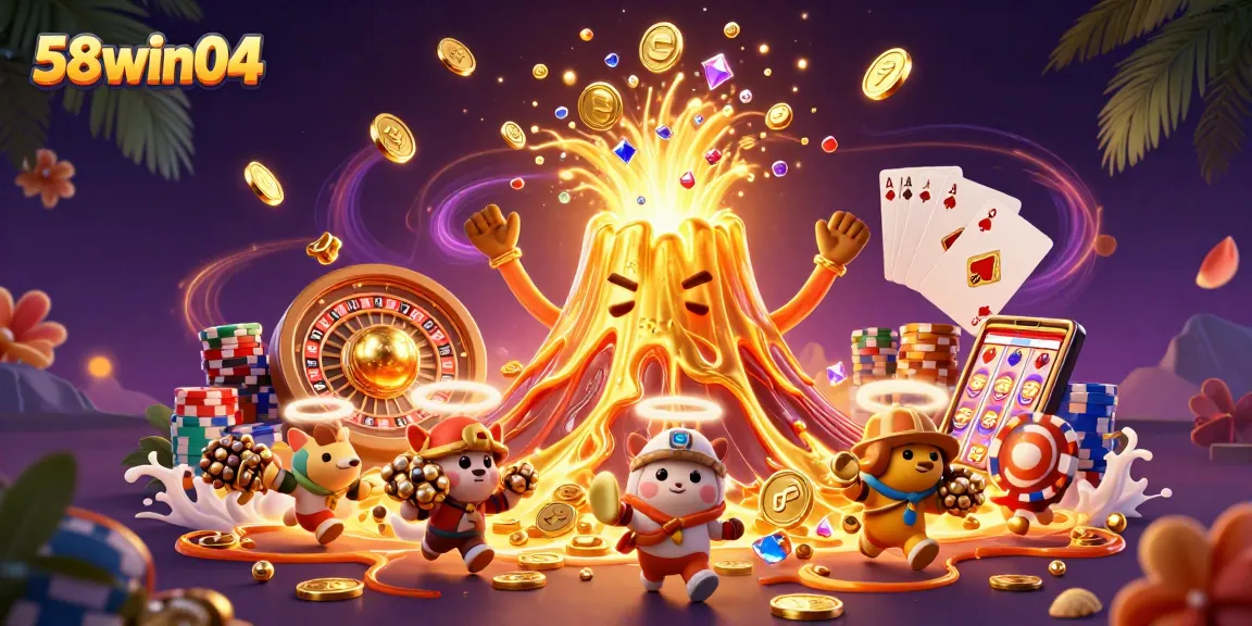 Experience thrilling wins with 58win04 in a vibrant 3D casino scene filled with treasures and excitement.